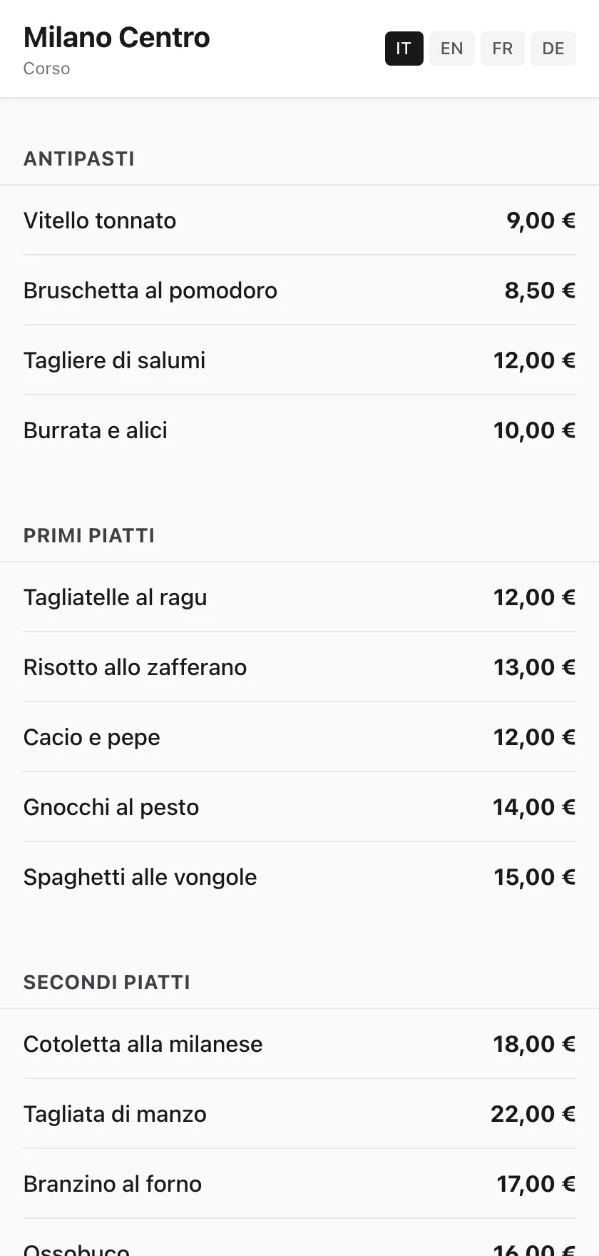 Menu digitale di K-POS aperto sul telefono, con le categorie e le schede dei piatti